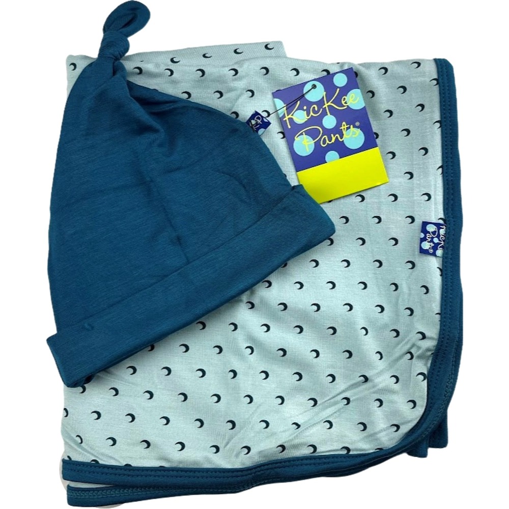 KicKee Pants Tiny Moons Bamboo Swaddle Blanket Knot Hat Set Newborn Infant NWT‎